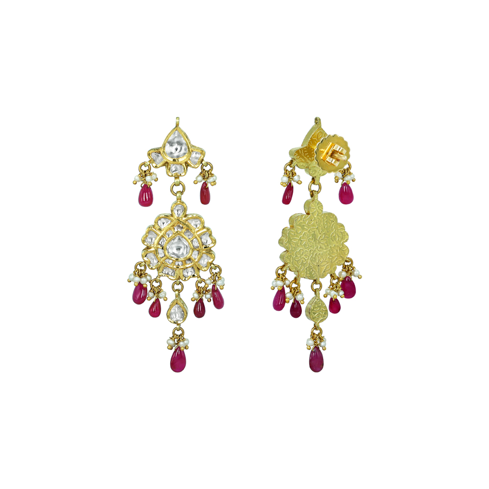 Polki Earrings with Floral Motifs, Ruby Drops, and Pearls